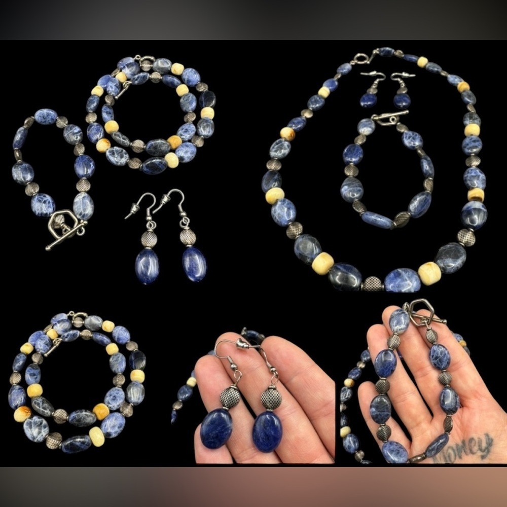 Vintage Sterling Sodalite Lapis Mammoth Necklace Earring and Bracelet Set